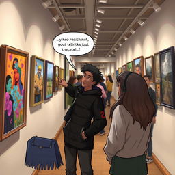 An artistic scene set in an art gallery where two friends, including a character named Nastaran, are deeply engaged in conversation about the artwork on display