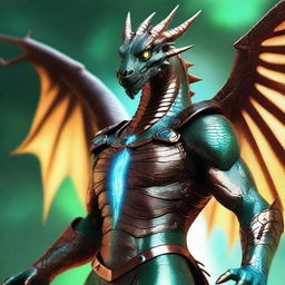 A breathtaking dyd style digital art of a humanoid bronze dragon, his copper-colored scales glistening with a light blue sheen