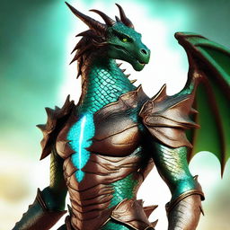 A breathtaking dyd style digital art of a humanoid bronze dragon, his copper-colored scales glistening with a light blue sheen