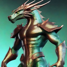 A breathtaking dyd style digital art of a humanoid bronze dragon, his copper-colored scales glistening with a light blue sheen