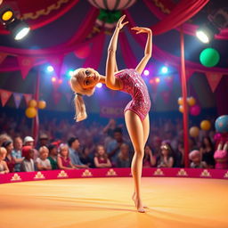 A vibrant circus scene featuring a flexible contortionist doll resembling Barbie, showcasing her incredible bending skills