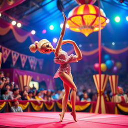 A vibrant circus scene featuring a flexible contortionist doll resembling Barbie, showcasing her incredible bending skills