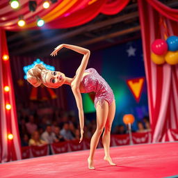 A vibrant circus scene featuring a flexible contortionist doll resembling Barbie, showcasing her incredible bending skills