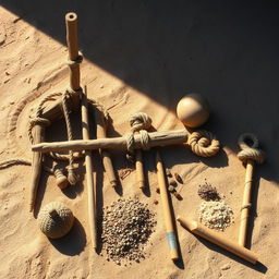 A detailed composition showcasing the various ancient tools and methods that could have been used by the Nazca civilization to create the geoglyphs, including the famous Nazca Lines