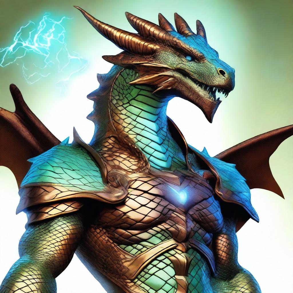 An impressive dyd style digital art piece depicting a humanoid bronze dragon with copper-colored scales, tinged with a light blue sheen