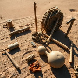 A detailed composition showcasing the various ancient tools and methods that could have been used by the Nazca civilization to create the geoglyphs, including the famous Nazca Lines