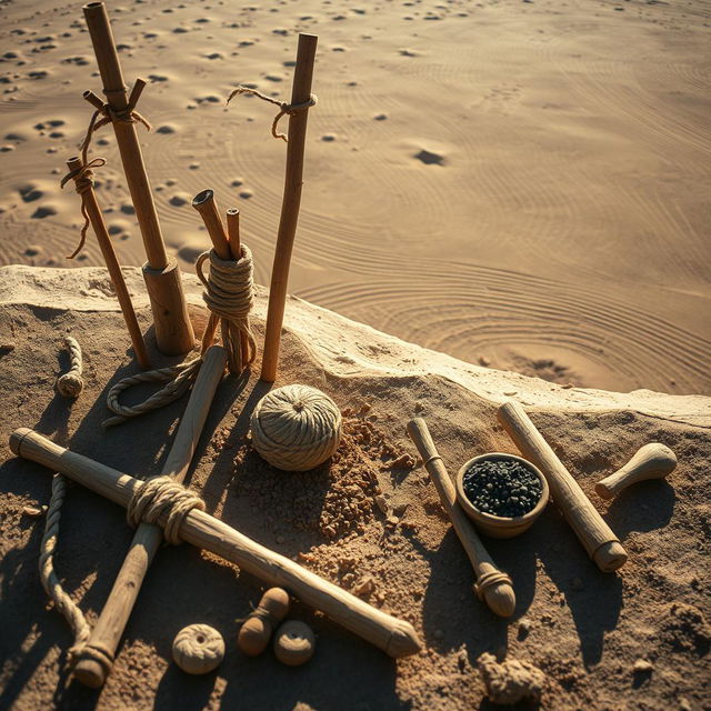 A detailed composition showcasing the various ancient tools and methods that could have been used by the Nazca civilization to create the geoglyphs, including the famous Nazca Lines