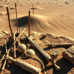 A detailed composition showcasing the various ancient tools and methods that could have been used by the Nazca civilization to create the geoglyphs, including the famous Nazca Lines
