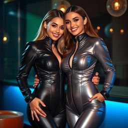 Two attractive slim women with ample breasts, both dressed in sleek black and silver tight shiny puffer suits that elegantly hug their bodies