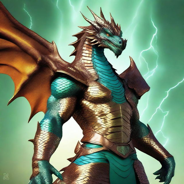 An impressive dyd style digital art piece depicting a humanoid bronze dragon with copper-colored scales, tinged with a light blue sheen