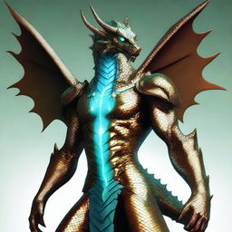 An impressive dyd style digital art piece depicting a humanoid bronze dragon with copper-colored scales, tinged with a light blue sheen