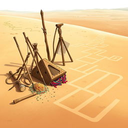 An illustrative overview depicting the various ancient tools and techniques believed to have been used by the Nazca civilization in creating the famous Nazca Lines