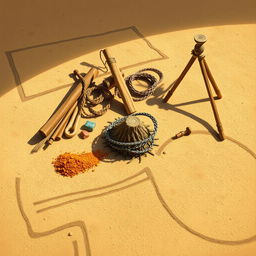 An illustrative overview depicting the various ancient tools and techniques believed to have been used by the Nazca civilization in creating the famous Nazca Lines