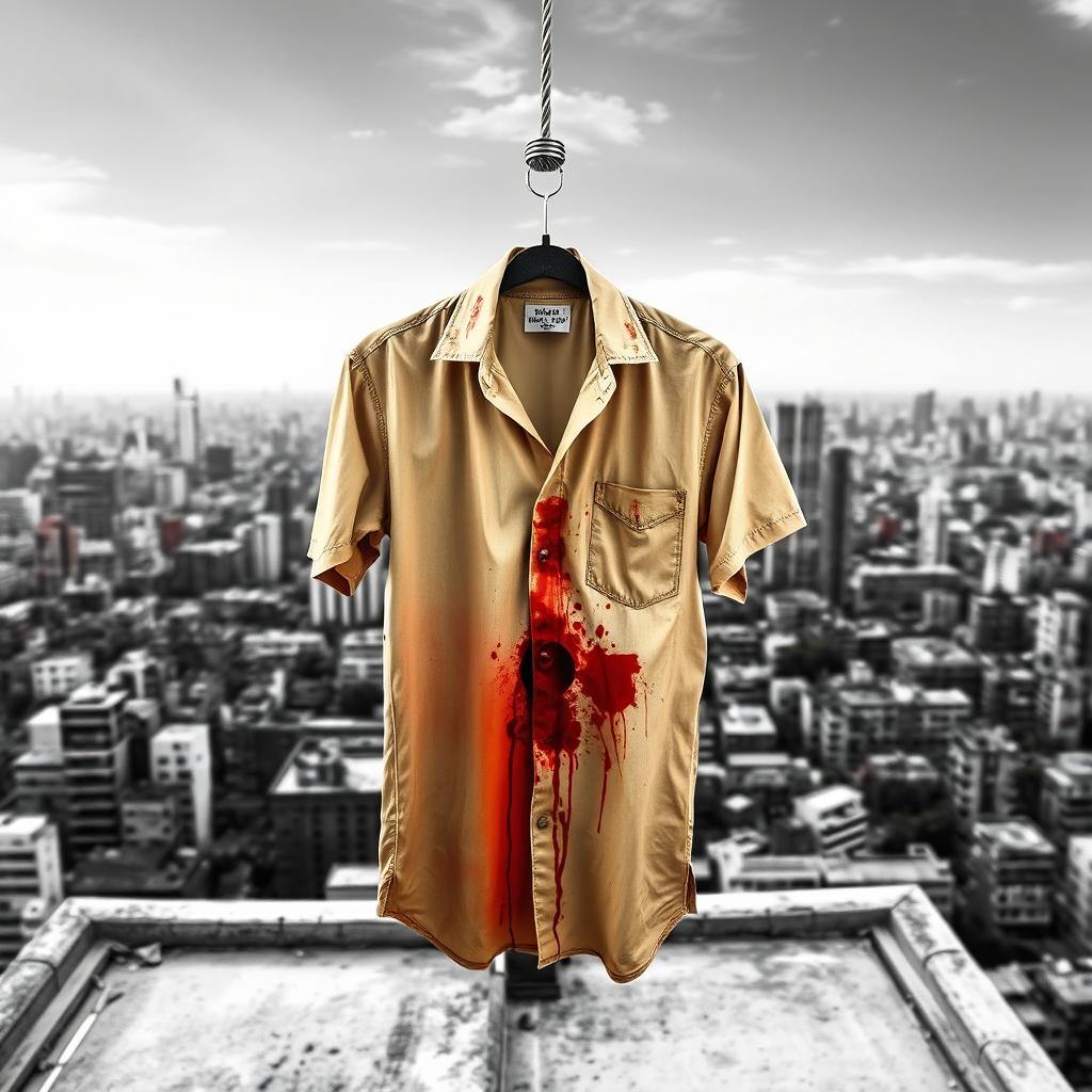 A graphic design featuring a beige shirt stained with blood, hanging from a rope on a rooftop in Kolkata