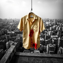 A graphic design featuring a beige shirt stained with blood, hanging from a rope on a rooftop in Kolkata