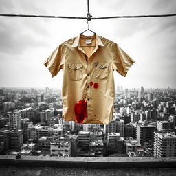 A graphic design featuring a beige shirt stained with blood, hanging from a rope on a rooftop in Kolkata