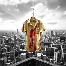 A graphic design featuring a beige shirt stained with blood, hanging from a rope on a rooftop in Kolkata