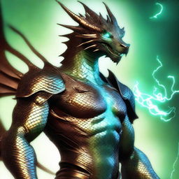 An impressive dyd style digital art piece depicting a humanoid bronze dragon with copper-colored scales, tinged with a light blue sheen