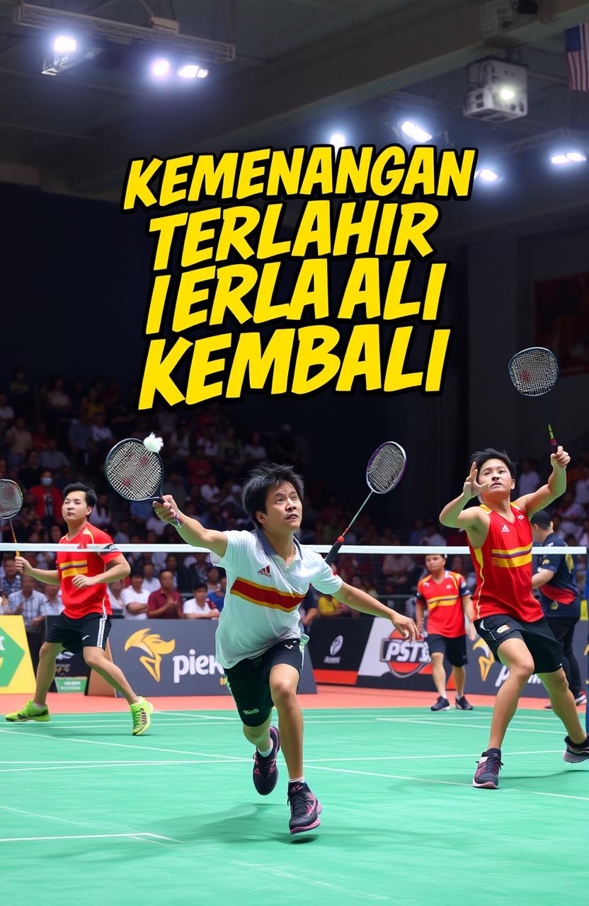 An action-packed scene of badminton players in the midst of an intense match on the court