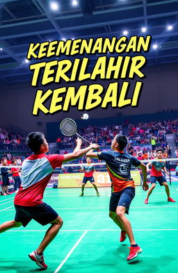 An action-packed scene of badminton players in the midst of an intense match on the court