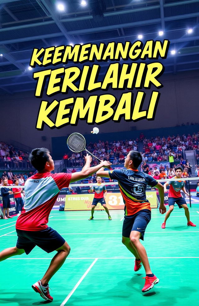 An action-packed scene of badminton players in the midst of an intense match on the court