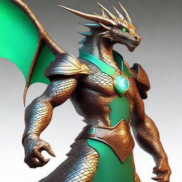 A dynamic animated dyd style digital art, showcasing a humanoid bronze dragon with copper-colored scales, reflecting a faint light blue sheen