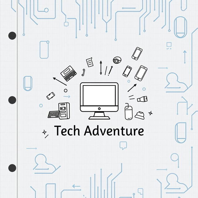 A creative scrapbook cover design centered around computers and technology with a more minimal color palette