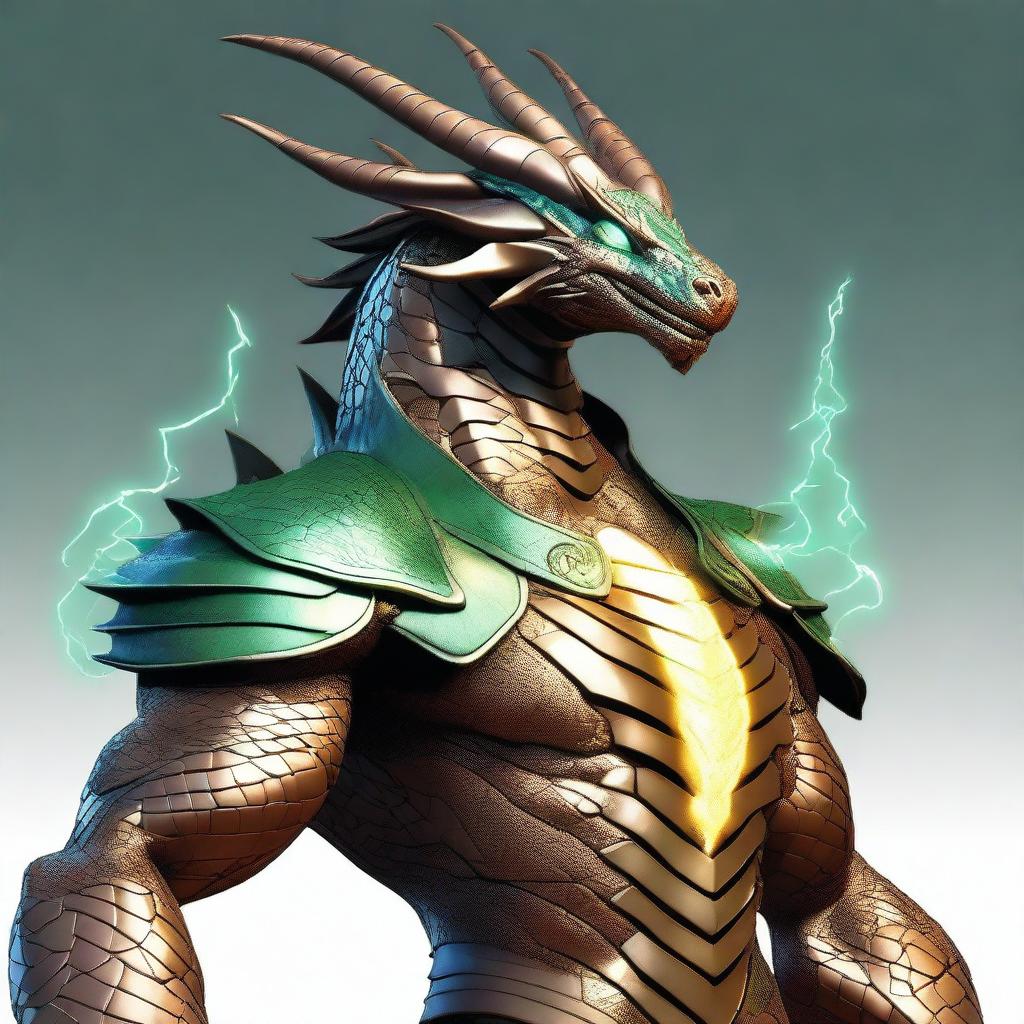 A dynamic animated dyd style digital art, showcasing a humanoid bronze dragon with copper-colored scales, reflecting a faint light blue sheen