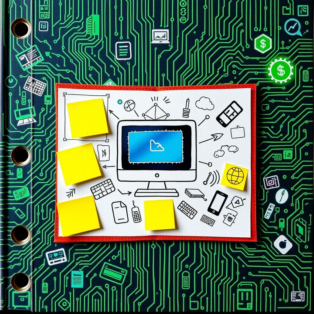 A vibrant and creative scrapbook cover design focused on computers and technology, featuring a background with a circuit board pattern in shades of green and blue