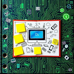 A vibrant and creative scrapbook cover design focused on computers and technology, featuring a background with a circuit board pattern in shades of green and blue