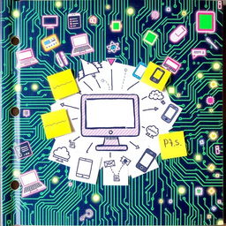 A vibrant and creative scrapbook cover design focused on computers and technology, featuring a background with a circuit board pattern in shades of green and blue