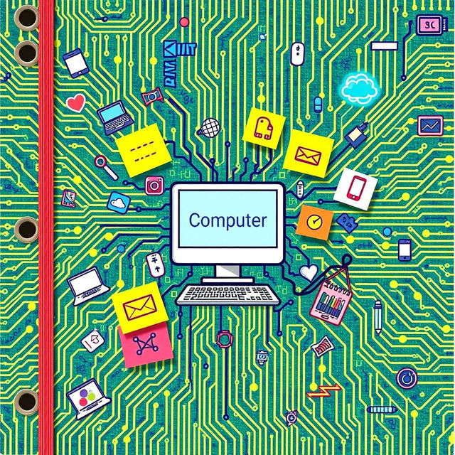 A vibrant and creative scrapbook cover design focused on computers and technology, featuring a background with a circuit board pattern in shades of green and blue