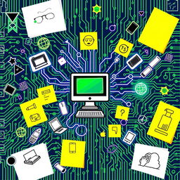 A vibrant and creative scrapbook cover design focused on computers and technology, featuring a background with a circuit board pattern in shades of green and blue
