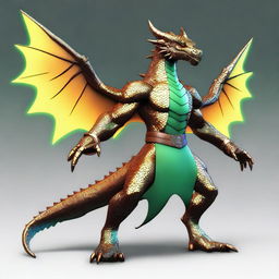 A dynamic animated dyd style digital art, showcasing a humanoid bronze dragon with copper-colored scales, reflecting a faint light blue sheen