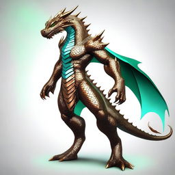 A dynamic animated dyd style digital art, showcasing a humanoid bronze dragon with copper-colored scales, reflecting a faint light blue sheen