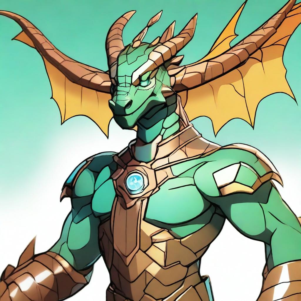 A high-quality animated dyd style digital art featuring a humanoid bronze dragon with copper-colored scales, exhibiting a light blue sheen