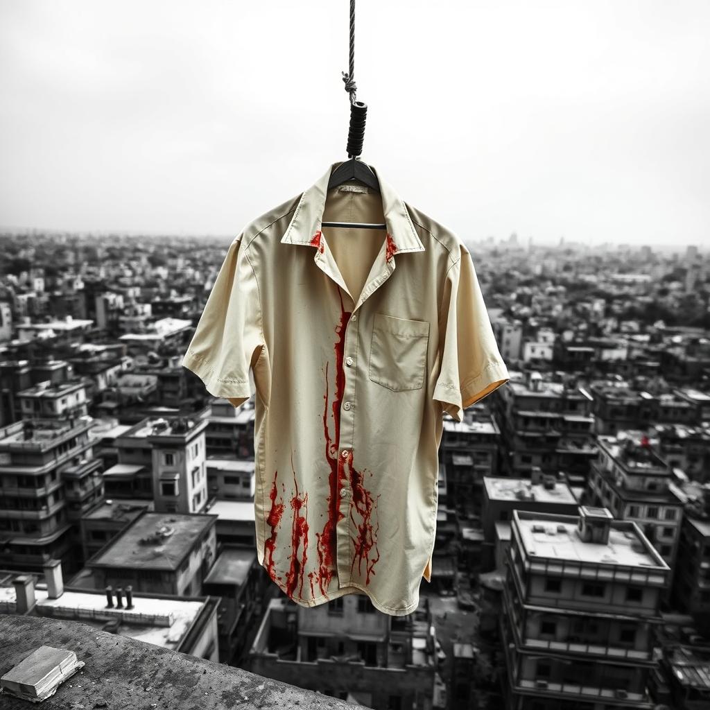 A dramatic scene featuring a beige shirt, heavily stained with blood, hanging from a rope on a rooftop in Kolkata
