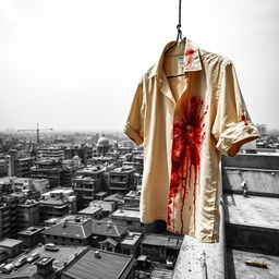 A dramatic scene featuring a beige shirt, heavily stained with blood, hanging from a rope on a rooftop in Kolkata