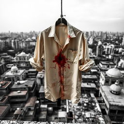 A dramatic scene featuring a beige shirt, heavily stained with blood, hanging from a rope on a rooftop in Kolkata