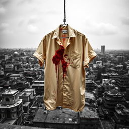 A dramatic scene featuring a beige shirt, heavily stained with blood, hanging from a rope on a rooftop in Kolkata