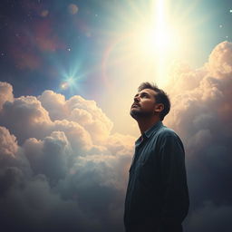 An emotional and dramatic scene depicting the moment of someone's last farewell to life, with a celestial background symbolizing the afterlife