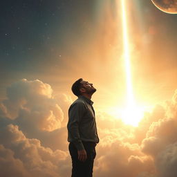An emotional and dramatic scene depicting the moment of someone's last farewell to life, with a celestial background symbolizing the afterlife