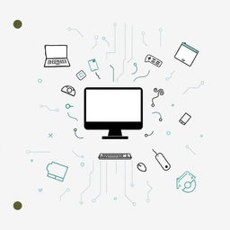 A creative scrapbook cover design centered around computers and technology with a minimal color palette