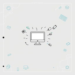 A creative scrapbook cover design centered around computers and technology with a minimal color palette