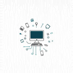 A creative scrapbook cover design centered around computers and technology with a minimal color palette
