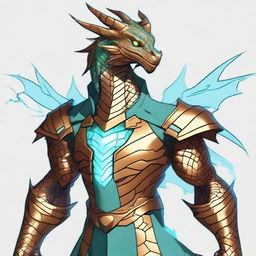 A high-quality animated dyd style digital art featuring a humanoid bronze dragon with copper-colored scales, exhibiting a light blue sheen