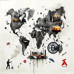 An abstract representation of the negative impacts of globalization, featuring a chaotic global map with torn threads connecting different countries, images of distressed workers in factories, pollution in urban environments, and cultural clashes depicted through contrasting symbols such as a traditional cultural item colliding with a corporate logo