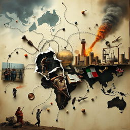 An abstract representation of the negative impacts of globalization, featuring a chaotic global map with torn threads connecting different countries, images of distressed workers in factories, pollution in urban environments, and cultural clashes depicted through contrasting symbols such as a traditional cultural item colliding with a corporate logo