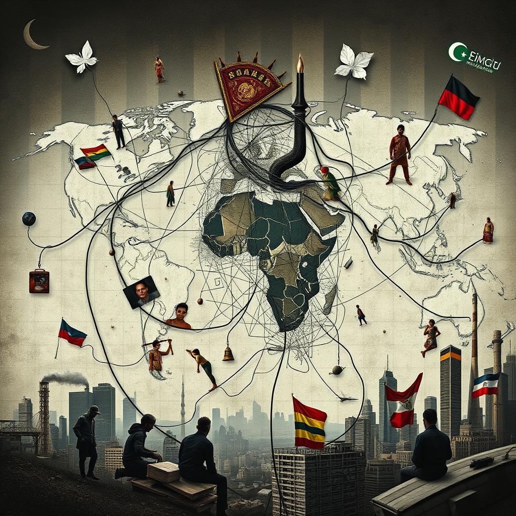An abstract representation of the negative impacts of globalization, featuring a chaotic global map with torn threads connecting different countries, images of distressed workers in factories, pollution in urban environments, and cultural clashes depicted through contrasting symbols such as a traditional cultural item colliding with a corporate logo