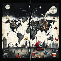 An abstract representation of the negative impacts of globalization, featuring a chaotic global map with torn threads connecting different countries, images of distressed workers in factories, pollution in urban environments, and cultural clashes depicted through contrasting symbols such as a traditional cultural item colliding with a corporate logo